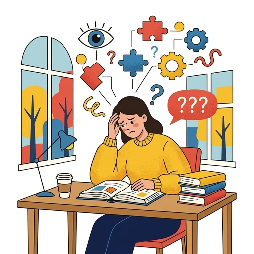 A frustrated secondary student reading at a desk, surrounded by question marks and puzzle pieces