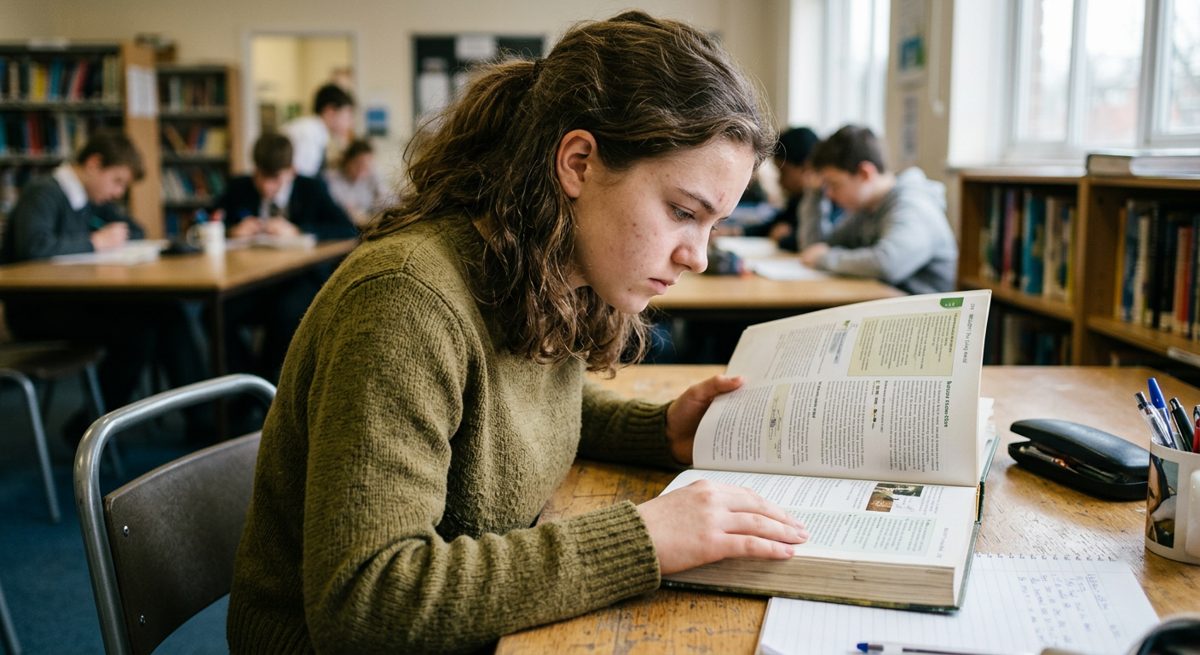 A secondary student reading intently in a school library